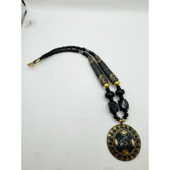 Vintage Brass Inlay Black Chunky Bohemian Necklace Large Pendant Tribal Ethnic - Picture 8 of 13